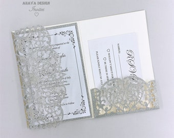 Customized Glitter Silver Tri-fold Laser Cut Wedding Invites With RSVP Card And Envelope{Free Infinite Design Before Pay}