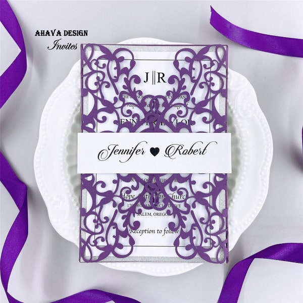 Purple And Silver Laser Cut Wedding Invitation, Wedding Laser Invite Pocket With Printed Belly Band&Insert {Free Infinite Design Before Pay}