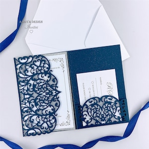 Wunderschöne Marine und Silber Laser Hochzeitseinladungen, Floral Laser Tasche mit maßgeschneiderten RSVP-Karte &Envelope "Free Infinite Design vor der Bezahlung"