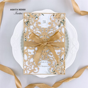 Shimmer Gold Laser Cut Wedding Uitnodiging, Bruiloft uitnodiging zak met gedrukte insert {Free Infinite Design before pay}