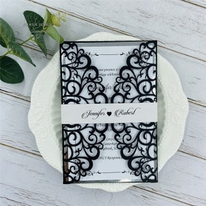 Gorgeous Black And Silver Laser Cut Wedding Invites Set With Customized Belly Band, Insert&Envelope {Free Infinite Design Before Pay}
