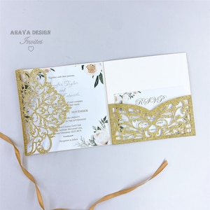 Funkeln Gold und Elfenbein Floral Laser geschnitten Platz Hochzeitseinladung mit druckbaren Einsatz &RSVP-Karte "Free Infinite Design vor der Bezahlung"