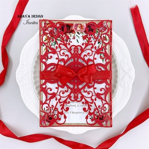 Rot und Glitter Gold Laser geschnitten Hochzeitseinladung, Hochzeit laden Tasche mit gedruckten Einsatz "Free Infinite Design vor der Bezahlung"