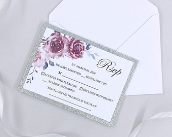 Cartes RSVP de mariage avec fleur de Bourgogne, cartes rustiques de réponse de mariage de fleur, cartes imprimables ou imprimées de réponse de mariage