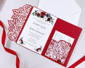 Special Red Laser Cut Wedding Invitations Floral Design Pocket, Laser Cut Traditional Invites More Colors{Free Infinite Design Before Pay}