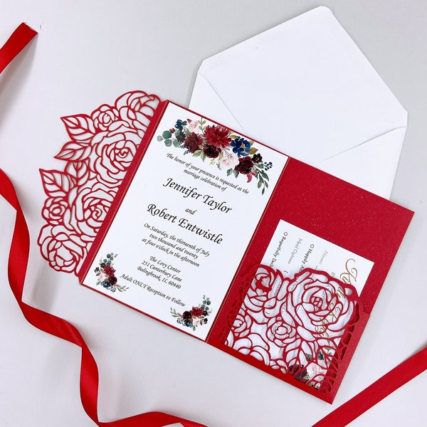 Special Red Laser Cut Wedding Invitations Floral Design Pocket, Laser Cut Traditional Invites More Colors{Free Infinite Design Before Pay}