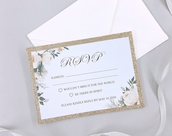 Glitter Gold Wedding RSVP Cards And Envelope, Printable or Printed Customized  Reply Cards for Wedding, Gorgeous Floral RSVP Cards