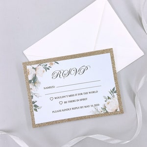 Glitter gouden bruiloft RSVP kaarten en envelop, afdrukbare of afgedrukte aangepaste antwoordkaarten voor bruiloft, prachtige bloemen RSVP-kaarten