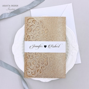 Aangepaste Laser Glitter Rose Gold Wedding Uitnodiging met tri-fold Floral Laser Pocke voor bruiloft {Gratis Infinite Design Before Pay}