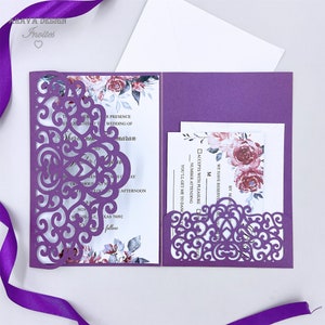 Wunderschöne lila Floral Laser geschnitten Hochzeit Invitate, Spitze einladen mit RSVP, Bauchband-Karte und Umschlag "Free Infinite Design vor dem Bezahlen"
