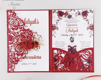 May include: Red and white Quinceañera invitation with a floral design and a cutout of a woman in a red dress. The invitation includes the text "Aaliyah's Quinceañera" and the date "April 17th, 2025".