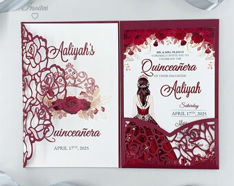 May include: A red and white Quinceañera invitation with a floral design and a silhouette of a girl in a red dress. The text on the invitation reads "Aaliyah's Quinceañera" and "April 17th, 2025".