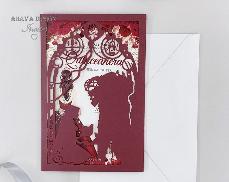 Beauty And The Beast XV Birthday Quinceanera Laser Cut Invites Elegant Burgundy Princess Sweet 15 InvitesFree Infinite Design