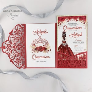Gorgeous Red Quinceanera Invites Sweet 16 Invite XV Invitation Printable Lace Invite With Red Dress Girl {Free Infinite Design Before Pay}