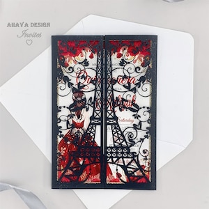 Black And Red Sweet 15 Quinceañera The Eiffel Tower Invitation, Elegant Mis VX Años Girl 16 Birthday Invite{Free Infinite Design Before Pay}
