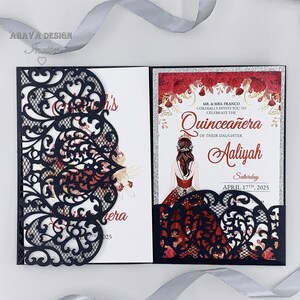 Quinceañera Uitnodiging Zwart & Rood Glitter Uitnodiging Sweet 16 Invite XV Uitnodiging Kant Rode Jurk {Gratis Oneindig Ontwerp Voor Betalen}