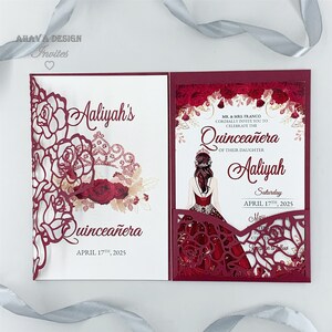 Magnifique Bourgogne Floral Quinceanera Invite, Shimmer Quince Invitation XV Sweet Sixteen Girl Invitation {Free Infinite Design avant pay}