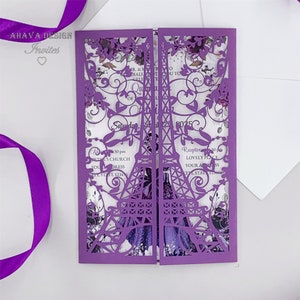 Romantic Purple Sweet 15 Quinceañera Eiffel Tower Invitation, Elegant Mis VX Años Princess Birthday Invite{Free Infinite Design Before Pay}