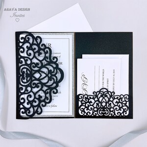Personalisierte Laser Schwarz und Silber HochzeitSeinladung, Florale Lasertasche +RSVP Karte +Umschlag +Bauchband {Free Infinite Design before Pay}