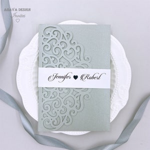 Aangepaste Silver Laser Wedding Uitnodiging, Floral Tri-fold Laser Pocket + RSVP Card +Envelop +Belly Band {Gratis Infinite Design Before Pay}