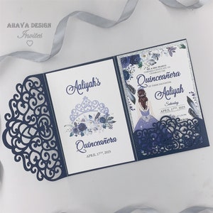 Navy & Silver Glitter Floral Gorgeous XV Laser Cut Invitation, Quinceanera Invite Sweet 16 Birthday Invites {Free Infinite Design Before Pay}