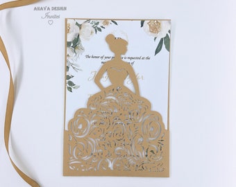 Elegant Gold Wedding Invites with Matched Envelopes, Shimmer Dress Girl Laser Cut Birthday Invites Set {Free Infinite Design Before Pay}