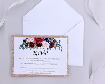 Glitter Gold Wedding RSVP Cards And Envelope, Printable or Printed Reply Cards, Gorgeous Floral RSVP Cards