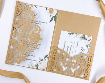 Affordable Gold Floral Wedding Invitation Suite - Pocketfold DIY Cover With RSVP Card And Bowtie{Free Infinite Design Before Pay}