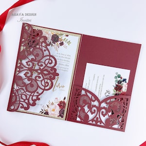 Burgund &Gold Floral Hochzeitseinladung, Pocketfold Laser Cover mit RSVP-Karte und Fliege "Free Infinite Design vor dem Bezahlen"