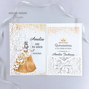 Ivory Quinceanera Uitnodiging Sweet Sixteen Laser Cut Uitnodiging RSVP Card XV Años Quince Invitaciones {Free Infinite Design Before Pay}