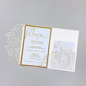 Gorgeous Ivory&Gold Tri-fold Laser Cut Wedding Invitation With RSVP Card, Floral Pocket With Gold Insert{Free Infinite Design Before Pay}
