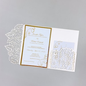 Gorgeous Ivory&Gold Tri-fold Laser Cut Wedding Invitation With RSVP Card, Floral Pocket With Gold Insert{Free Infinite Design Before Pay}