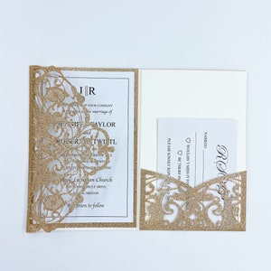 Prachtige glitter rose gouden tri-fold laser gesneden bruiloft uitnodiging met RSVP kaart, glitter bloemen uitnodigen met bowtie {gratis oneindig ontwerp}
