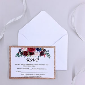 Glitter gouden bruiloft RSVP kaarten en envelop, afdrukbare of gedrukte antwoordkaarten, prachtige bloemen RSVP kaarten