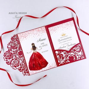 Gorgeous Red Laser Cut Sweet 15 quinceanera Invite, Shimmer Red Quince Invitation With Customizable Insert {Free Infinite Design Before Pay}