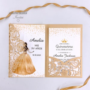 Prachtige lasergesneden gouden Quinceanera uitnodigen met lint, afdrukbare Sweet 15 uitnodiging, Sweet Sixteen uitnodigen {gratis oneindig ontwerp voordat u betaalt}