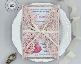 Romantische roze > gouden mis XV AÑOS verjaardagsfeest kant uitnodigen, sweet 16 quince uitnodigen met bowtie {gratis oneindig ontwerp voor betalen}