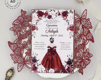 May include: A red and white Quinceañera invitation with a burgundy lace overlay featuring butterflies. The invitation includes the text "MR. & MRS FRANCO CORDIALLY INVITE YOU TO CELEBRATE THE QUINCEAÑERA OF THEIR DAUGHTER AALIYAH Saturday, April 17th, 2025".