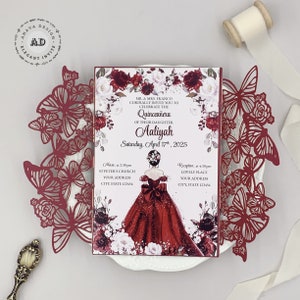 Butterfly MIS 15 AÑOS meisje verjaardag nodigt uit, mooi Bourgondisch meisje Sweet 16 uitnodiging met envelop {gratis oneindig ontwerp voor betaling}