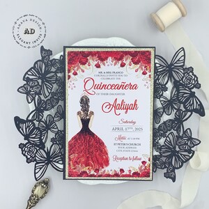 Zwart & rood Mis XV AÑOS Butterfly verjaardagsfeestje uitnodigen, mooie zoete 16 kweepeer uitnodigen met buikband {gratis oneindig ontwerp vóór betaling}