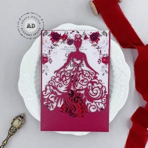 Burgundy Laser Cut Wedding Invitation Cards Envelope Quinceanera Bridal Shower Engagement Princess Invite {Free Infinite Design Before Pay}