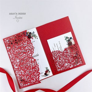 Einfache Blumen Hochzeitseinladung, rote Hochzeit laden Suite mit Fliege und Umschlag "Free Infinite Design vor dem Bezahlen"