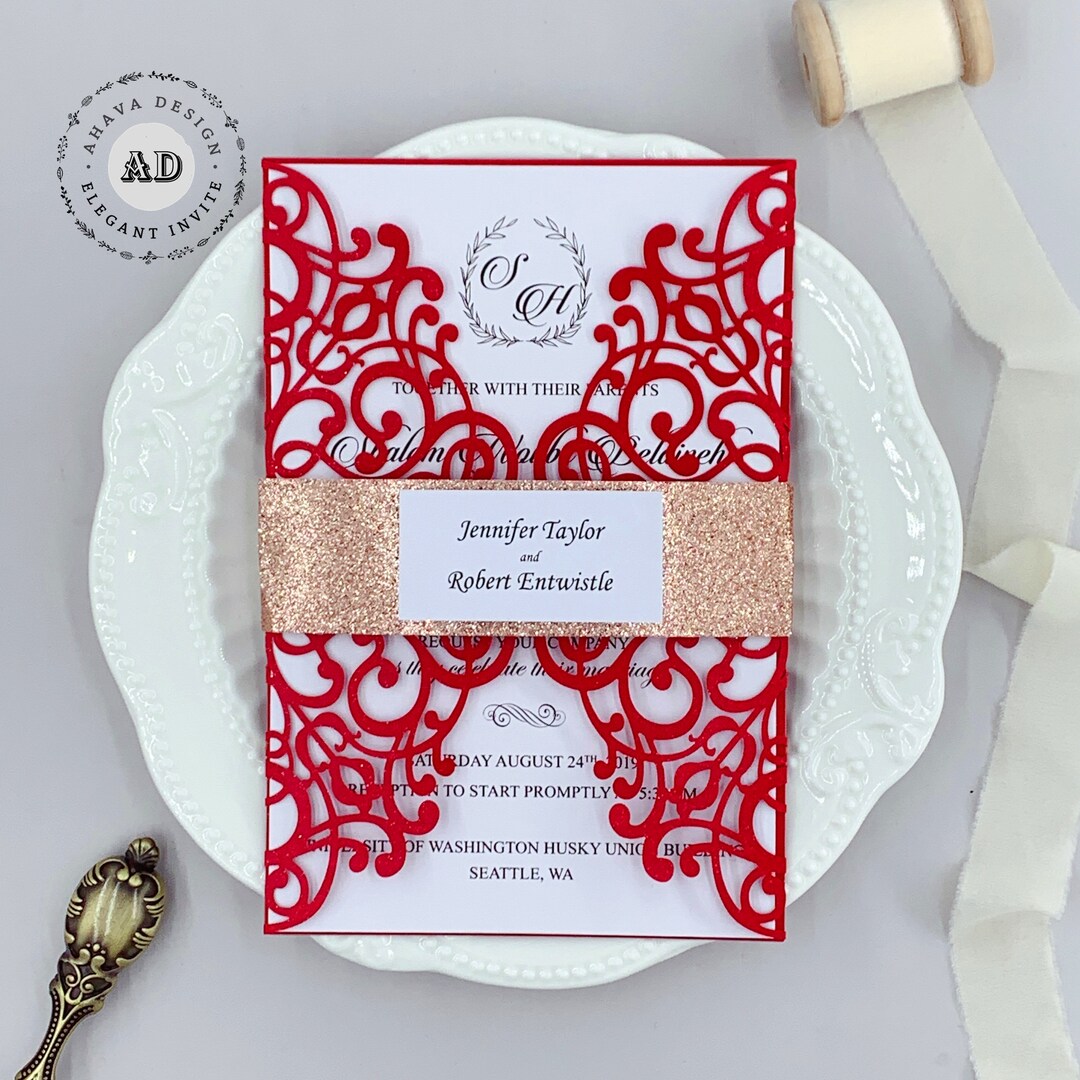 Romantic Red Laser Cut Floral Wedding Invitation With Tag and Envelope