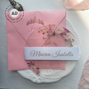 Blush Floral Kreis Acryl Baby Shower Einladung, personalisierte hellrosa Acryl Karte für Baby Shower{Free Infinite Design before Pay}