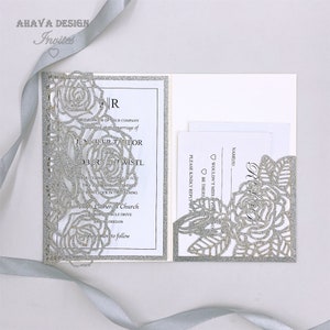 Aangepaste Glitter Silver Laser Wedding uitnodiging, Fancy Laser nodigen met RSVP-kaart voor bruiloft / verjaardag {Gratis oneindig ontwerp voor betalen}