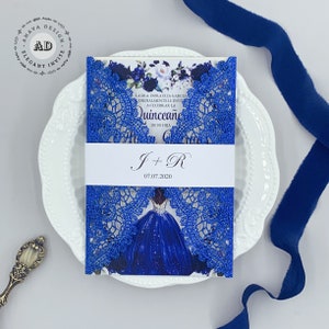 Glitter Royal blue Laser Cut Lace Uitnodiging, Aangepaste uitnodiging voor Mis Quince Anos Sweet 15 Verjaardag {Gratis Oneindig Ontwerp Voor Pay}