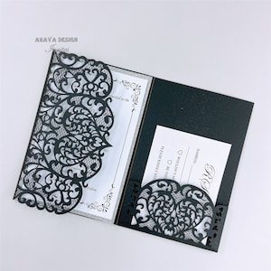 Wunderschöne schwarze und silberne Laser Hochzeitseinladungen, Floral Laser Tasche mit maßgeschneiderten RSVP-Karte &Envelope "Free Infinite Design vor der Bezahlung"