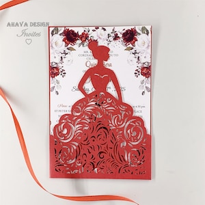 Shimmery Red MIS XV AÑOS Invites, Elegant Princessl Sweet 16 Invitation, Fancy Dress Invites With Envelope {Free Infinite Design Before Pay}