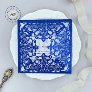 Luxe Glitter Royal Blue Laser Cut Bruiloft Uitnodigingen Met Glittery Bottom Card en Envelop {Gratis Oneindig Ontwerp Voor Betalen}