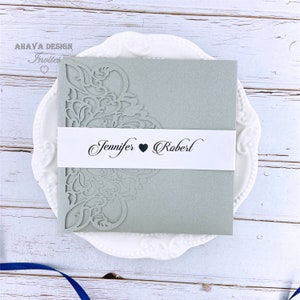 Silver Floral Tri-fold Laser Cut Pocket Wedding Uitnodiging, RSVP-kaart en envelop {Gratis Oneindig ontwerp voor betalen}